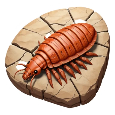 3D render of Trilobite, embedded in a chunk of rough sedimentary rock, cracked stone texture, ancient fossil aesthetic, fossilized in reddish sandstone rock, matte dry finish, Apple emoji style, isolated on white background --v 6.0 sticker
