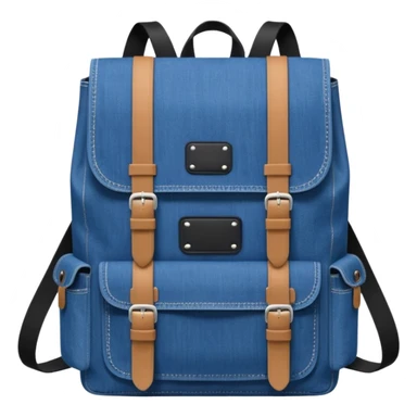 Minimalist emoji-style icon of a stylish blue denim backpack with a flap top, two vertical black buckle straps,and two zipper side pockets. Inspired by Tommy Jeans design. 

 sticker