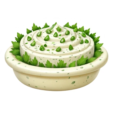 garlic and herb cream cheese thick dollop or swirl white speckled with green herbs and garlic bits smooth glossy visible flecks optional small ramekin no bread vegetables or garnish no faces clean 3D soft shadows transparent background emoji scale sticker