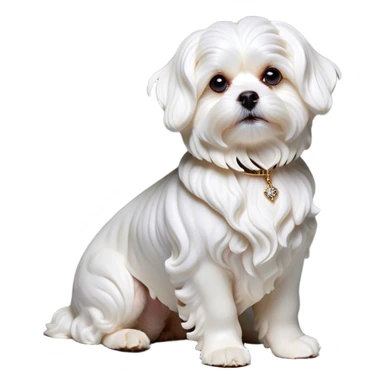Cinematic Noble Wavy-Haired Maltese dog Portrait Emoji, Poised and regal, with a delicate, compact build and a pristine, wavy-haired white coat that cascades in gentle curls, deep-set soulful dark eyes, Simplified yet sharp and sophisticated features, highly detailed, glowing with a soft, dignified glow, high shine, intelligent and gentle, stylized with an air of refinement, focused and attentive, soft glowing outline, capturing the essence of a watchful and graceful companion, so majestic it feels as though it could prance out of the screen with effortless authority! sticker