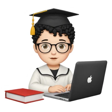 A baby boy DEVELOPER WITH A laptop, black curly hair and topknot, wearing glasses and a mortarboard sticker