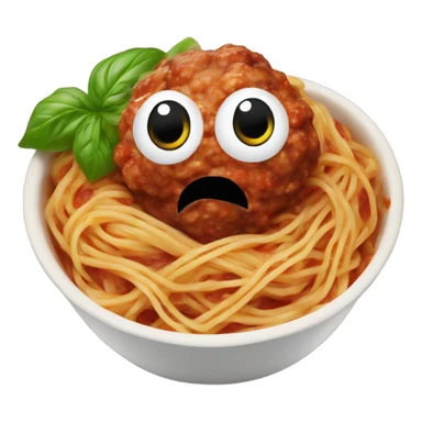 spaghetti with meatballs in a bowl with basil sticker