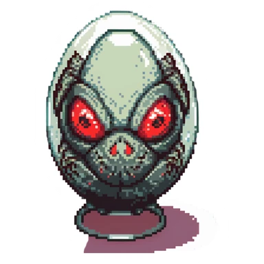 a strange large transparent alien egg, floating inside with a visible creature inside, embryo, embryonic, fetal shape, primordial, 3 glowing red eyes, illuminated from above, shining glass egg sticker
