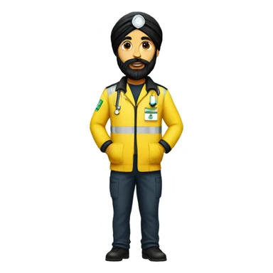 Skinny sikh man with beard wearing a black turban and a yellow paramedic jacket sticker