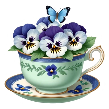 A cluster of blue and white pansies in an antique green porcelain cup, with a blue butterfly gently landing on a petal sticker