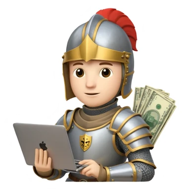 Knight with helmet holding laptop and money sticker
