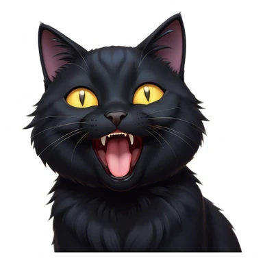 Cinematic Comical Black Cat Portrait Emoji, Head tilted dramatically while yawning exaggeratedly, sleek black fur with subtle hints of dark gray, Simplified yet hilariously adorable features, highly detailed, glowing with an almost sarcastic glow, high shine, a mix of lazy and curious, stylized with a touch of playful whimsy, bright and alert but with a comical expression, soft glowing outline, capturing the essence of a mischievous yet overly dramatic kitten, so funny it feels like it could leap off the screen and sassily demand attention! sticker