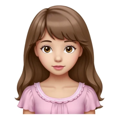 A teenage cute girl with very light olive skin and soft pinkish cheeks. Large bambie dark hazel eyes. Long wavy light brown hair with soft bangs. Features are very feminine and beautiful. medium straight nose with a soft tip. Medium natural pink lips. Wearing a simple dress in pink and white.  sticker