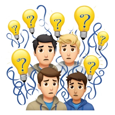 Group of men with chaotic minds, swirling tornadoes of tangled thoughts around their heads, containing question marks, light bulbs, and scribbles. The men have bewildered, overwhelmed expressions. sticker