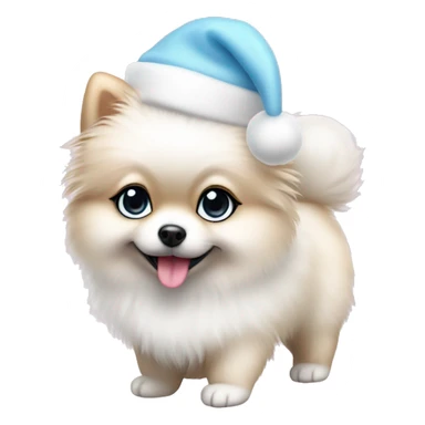white pomeranian puppy full body light blue eyes pink christmas hat on sticker