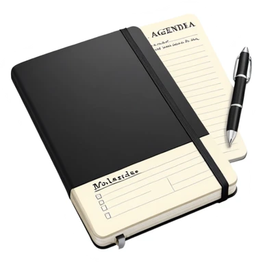 An open black Moleskine notebook with meeting agenda written at the top and clearly visible bullet points below sticker