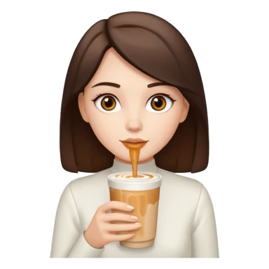 white brunette with brown eyes and a white outfit, drinking a caramel machiatto sticker