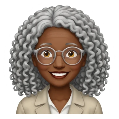 smiling dark older black woman wearing glasses with lots of long curly silver hair a sticker