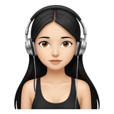a fair indian girl with straight black long hair, wearing a black cami top. and wearing silver  headphones on sticker