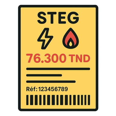 flat vector-style icon of a Tunisian STEG bill, bordered rectangle, text 'STEG' at the top, electricity (⚡) and gas (🔥) icons, amount due '76.300 TND', barcode at the bottom, reference line 'Réf: 123456789', horizontal lines for details, clean minimalist Tunisian color hints, no background sticker
