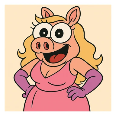Make Miss Piggy's cross eyes even bigger in a cartoon style, wearing a pink dress, with exaggerated features. Emphasize cartoon style in the edit. sticker