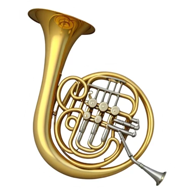 Create a refined and elegant emoji representing the Arnolds & Sons AHR-350 horn. The design should feature the instrument's beautifully coiled brass body with its distinct flared bell, showcasing the high-quality craftsmanship. Include delicate details like the tuning valves, finger buttons, and elegant brass finish. Add subtle musical notes around the horn to symbolize its melodic sound. Use warm golden and brass tones to convey the luxury and professional quality of the instrument. The background should be transparent sticker