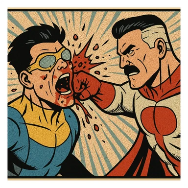 Invincible being punched by Omni-Man, comic book style, slow-motion effect, blood and debris, emotional expressions sticker