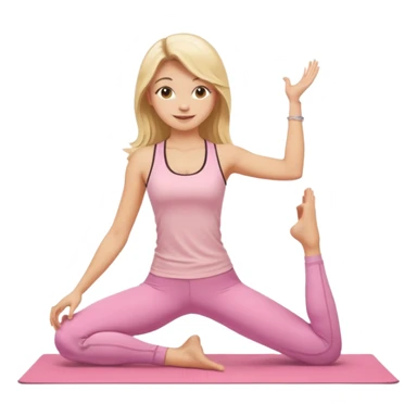 Create a young woman with long blonde hair, golden eyes, and medium-light skin tone, wearing a light pink tank top and leggings. She should be doing yoga, with a smile sticker
