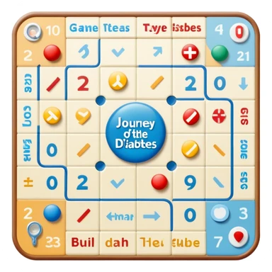 Design Game Board called Journey of Type 1 diabetes and Aging.  Subtext: Aging with Type 1 Diabetes, large enough to read for seniors, 6 landing spots (hospital, home, assisted living, health issues, coping, stories) sticker