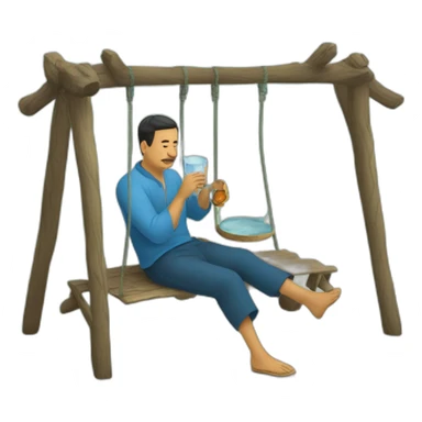 An Uzbek man sitting on a doppi, a traditional Uzbek swing, drinking water from a piyola. sticker