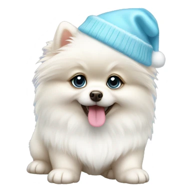 white pomeranian puppy full body light blue eyes pink christmas hat on sticker