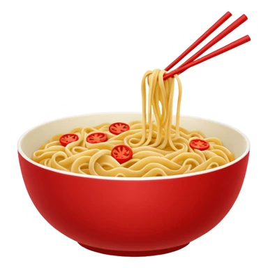 Chinese cuisine humanless avatar in bright emoji-style illustration. Noodles bowl, red and gold colors, simple shapes, flat design, bold and energetic. sticker
