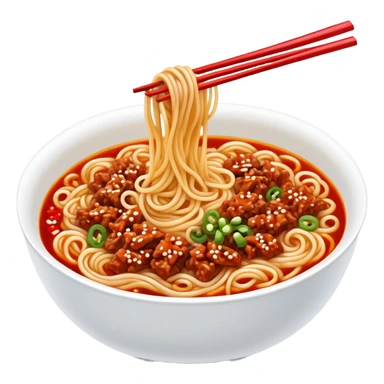 Chengdu Dan Dan Noodles with minced pork and chili oil, simplified emoji style with bold outlines and bright colors, cartoon style Sichuan street food in bowl sticker
