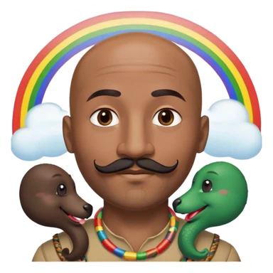 Oxumarê as a happy 37-year-old bald man with very dark skin tone, smooth oval head, indigenous facial features, mustache with circular beard only on chin (no hair on sides), a round mole on the right side below the lip, accompanied by a rainbow serpent, Memoji style sticker