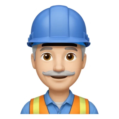 A man emoji with light skin, wearing a blue construction helmet, short gray hair on the sides, straight eyebrows, brown eyes, a small nose, and a thin short straight gray mustache above his smiling mouth. sticker