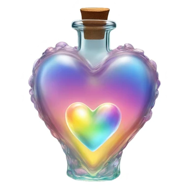 Antique oil heart bottle made of crystal glass of all gentle colors of the light rainbow, a living flower fairy sits at the bottom of the bottle sticker