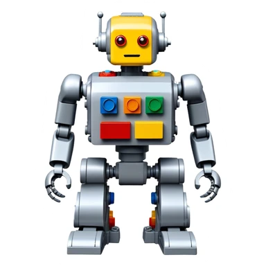 A big photorealistic icon featuring a detailed robot figure built from LEGO bricks, with intricate parts and colorful pieces. The design includes the LEGO logo subtly visible, with a focus on the craftsmanship and creativity of the build. Transparent background. sticker