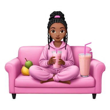 A dark-brown-skinned Black woman with black box braids, sitting on a pink couch, holding a smoothie cup with a straw, and looking relaxed. She’s wearing comfy loungewear in a cozy setting. sticker