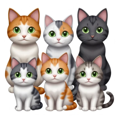 6 different coloured small cats including a dark grey and white, and a patchy calico, and a brown tabby and white,  and a completely solid dark grey with green eyes and only white paws sticker