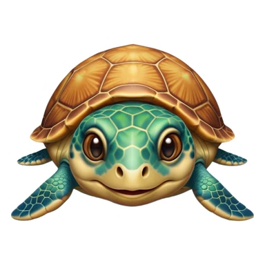 Cinematic Cute Sea Turtle Portrait Emoji, Head tilted playfully and inquisitively, featuring a charming, compact form with a beautifully patterned, domed shell and gentle, sparkling eyes full of oceanic wonder, Simplified yet irresistibly adorable features, highly detailed, glowing with a warm, friendly sea glow, high shine, affectionate and lively, stylized with a touch of whimsical marine charm, soft glowing outline, capturing the essence of a mischievous yet loving sea turtle that seems as if it could swim out of the screen into your arms! sticker