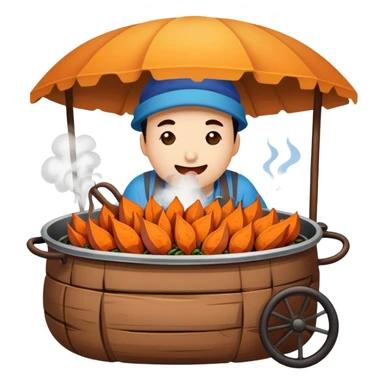 Street vendor roasted sweet potato with steam rising, simplified emoji style with bold outlines and bright colors, cartoon style hot Kao Hong Shu sticker