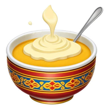 Tibetan butter tea in traditional bowl, simplified emoji style with bold outlines and bright colors, cartoon style creamy yak butter drink sticker
