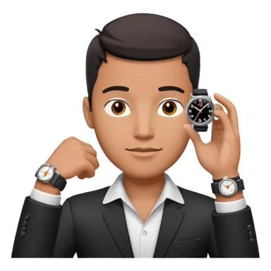 diverse man wearing a black strap watch on his wrist portrait, head and shoulders only, wrist raised slightly showing the watch clearly, modern style, 3D cartoon, mobile game icon style, clean background, no text, no watermark
 sticker