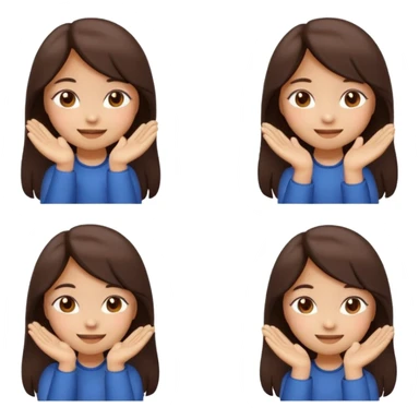 Create 4 cute emoji-style illustrations of a Filipina girl, chibi cartoon style, round face, warm brown skin, long dark hair.
Emoji 1: smiling sweetly with soft eyes.
Emoji 2: blushing shyly, hands near face, kilig expression.
Emoji 3: playful wink with a small heart.
Emoji 4: blowing a kiss. sticker