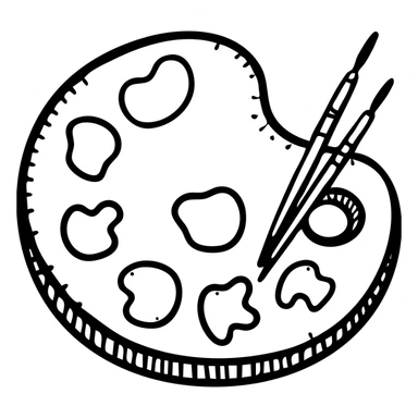 Detailed artist's palette with colorful paint blobs, palette holes, and paintbrushes nearby. Detailed hand-drawn icon style. sticker