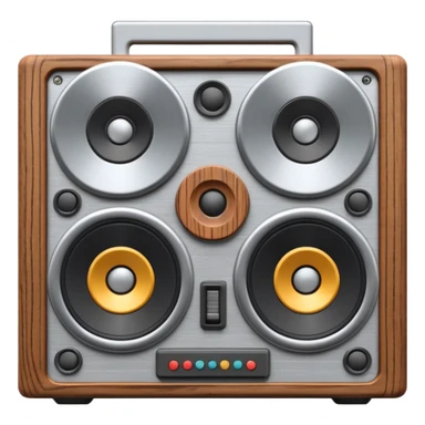 3D render of Speaker Stack, vintage 1980s audio equipment aesthetic, tactile analog buttons, silver metallic face with two large brown magnetic tape wheels, mixed wood grain and brushed aluminum textures, Apple emoji style, isolated on white background --v 6.0 sticker