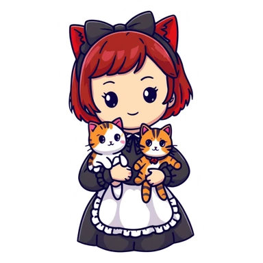 Girl with black and red-tipped hair in black Lolita dress with tabby cat sticker