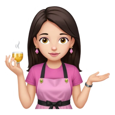 Fille cheveux long châtain foncé, peau beige type européen yeux marron, teeshirt rose avec un tablier noir, piercing au nez anneau doré, boucle d’oreille type diamant doré. Elle fait les ongles nail artiste sur le tablier écrire NIELART en rose  sticker