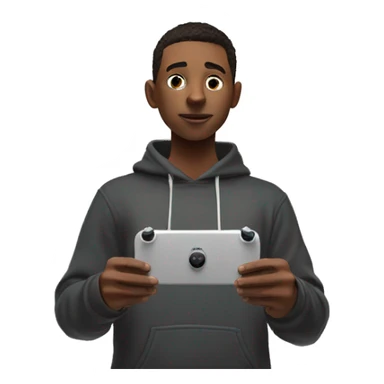 a full body male teen in hoodie standing, holding a game controller, looking up to a flying DJI drone sticker