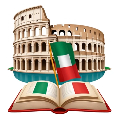 An icon featuring the Colosseum and the flag of Italy, symbolizing the Italian language. The design includes an open book with Italian phrases and a gondola, representing language learning and cultural exploration. Transparent background sticker