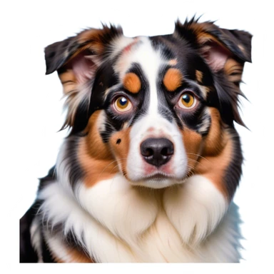 Cinematic Grumpy Calico Australian Shepherd Portrait Emoji, Head tilted slightly with a deeply unimpressed expression, thick predominantly white fur with distinct black, tan, and red merle calico patches, large, droopy blue eyes narrowed into an unamused glare, ears slightly drooping in exasperation, Simplified yet comically expressive features, highly detailed, glowing with a dry, sarcastic glow, high shine, effortlessly judgmental yet dignified, stylized with a touch of cynicism, bright but brooding, soft glowing outline, capturing the essence of an eternally unimpressed yet endearing pup, so lifelike it feels like it could sigh heavily at you in disdain at any moment! sticker