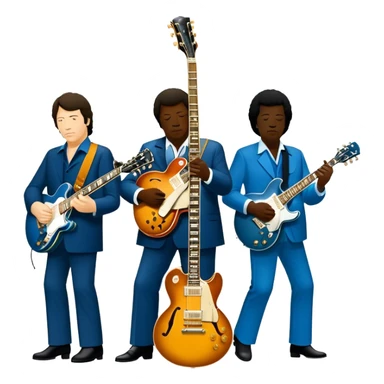 Icon for Blues Music: close-up collage of legendary blues artists. Gary Moore, Eric Clapton, B.B. King and Joe Cocker. Represented by silhouettes or symbolic items like guitars, microphones, or music notes, reflecting the soulful energy of blues music. Transparent background. sticker