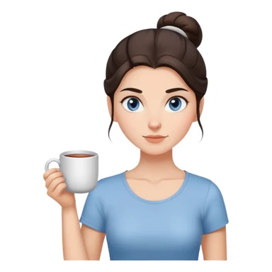 With her dark brown hair pulled back in a bun, and captivating grey-blue eyes, the girl holds a mug of tea, the steam rising like a gentle promise of warmth, clad in a simple white t-shirt.  sticker