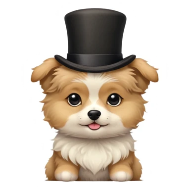 cute small dog with plain light tan fur, black nose, black round eyes, curly fluffy medium length hair, wearing a top hat sticker