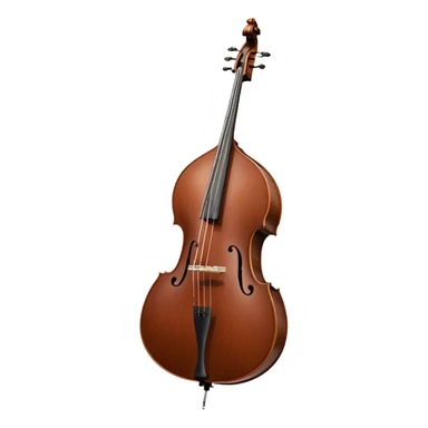 Create an elegant and detailed emoji representing a Gliga Gama double bass with bow. The design should showcase the large, sleek body of the double bass with its rich wood finish, including the characteristic curves and deep tone holes. The bow should be elegantly positioned next to the instrument, highlighting the hair and smooth wooden stick. Use warm wood tones like chestnut brown for the body of the bass, silver accents for the fittings, and dark brown for the bow. Add subtle musical notes or sound waves flowing from the bass to represent its deep, resonant sound. The background should be transparent. sticker